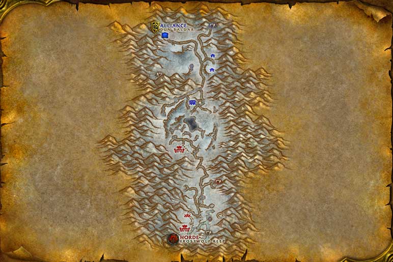 Classic Alterac Valley map, with Dun Baldar in the north and Frostwolf Keep in the south.